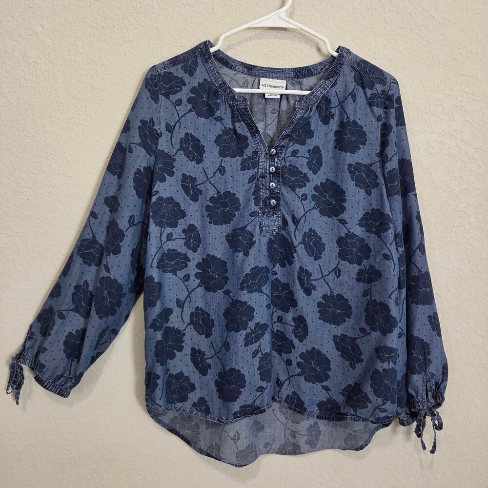 Liz Claiborne Top Womens M Blue Floral Lyocell Casual Chambray boho peasant